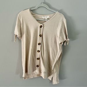 Women’s Tan and White Striped French Laundry Blouse with Knotted sleeves